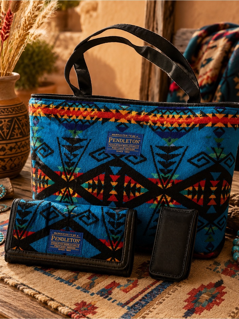 Rare Pendleton Tucson Los Lunas Southwest 3 Piece Set🏜️Tote Wallet Lipstick Case